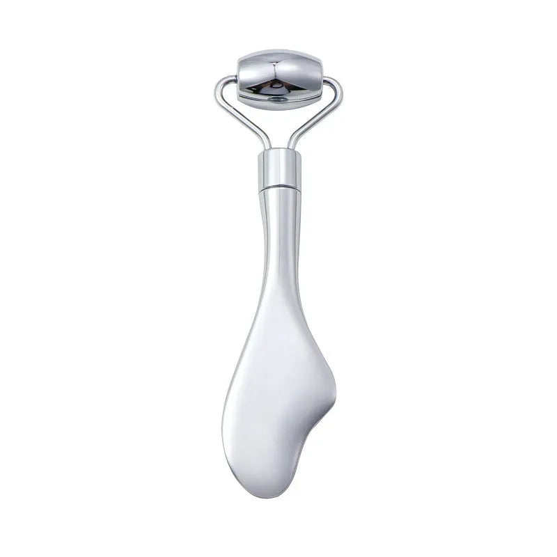 Stainless steel double-headed facial roller, heart-shaped acupressure stick, and scraping plate on a white background.