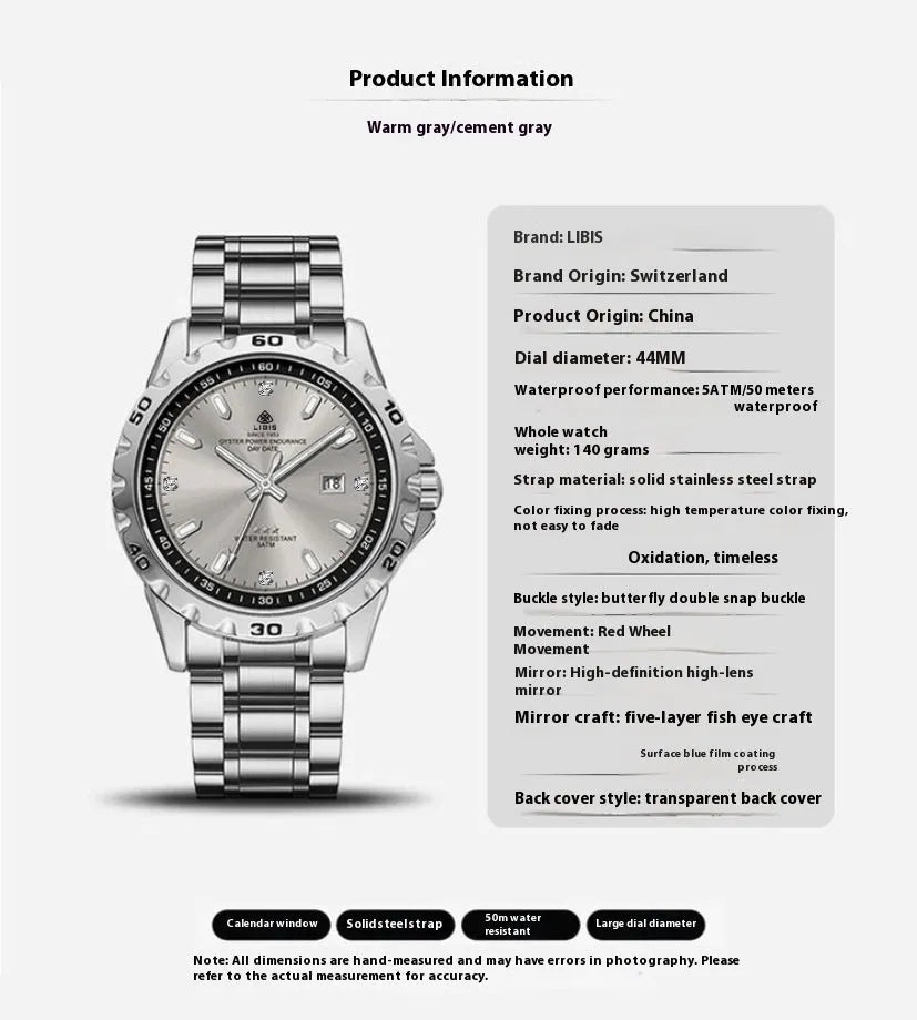 Men's silver quartz watch with luminous hands and stainless steel strap