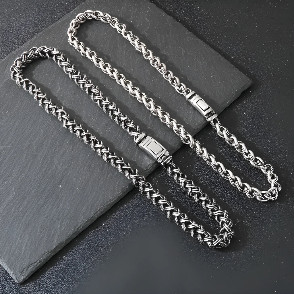 Men's titanium steel keel chain necklace with geometric pendant in antique silver finish.