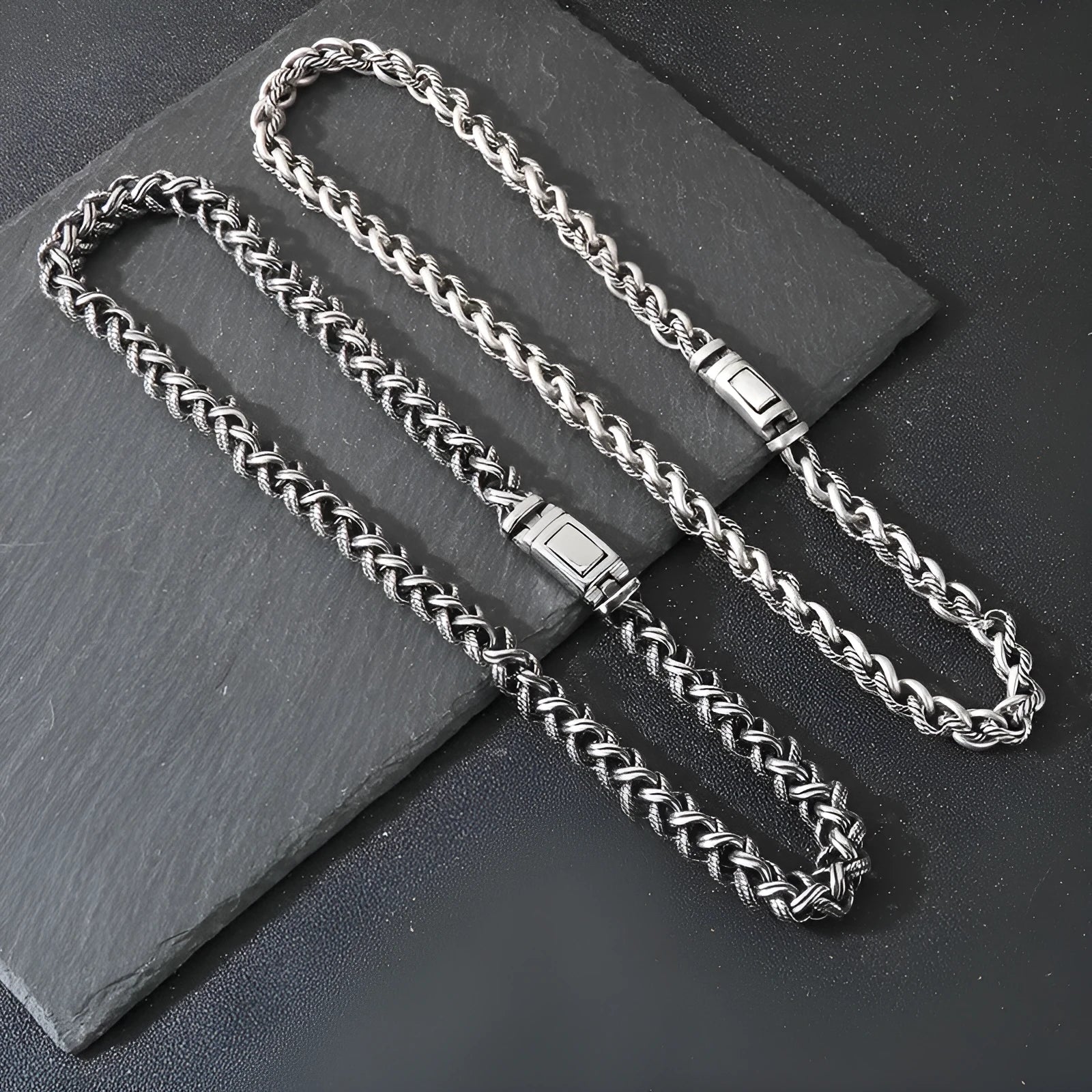 Men's titanium steel keel chain necklace with geometric pendant in antique silver finish.