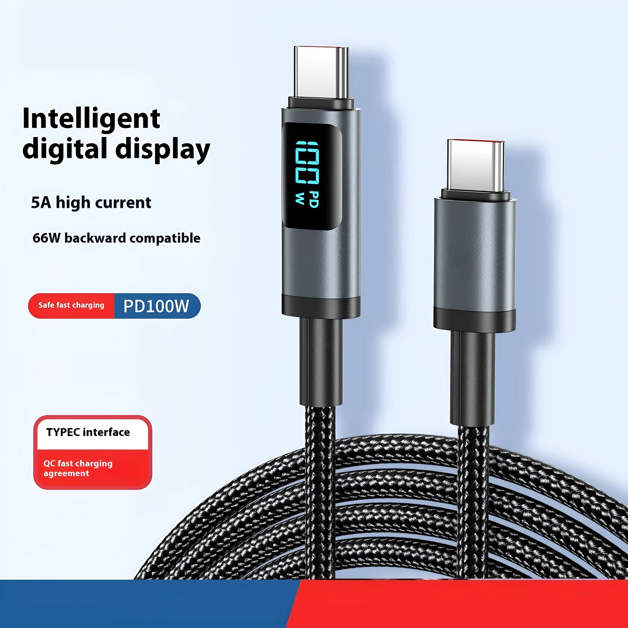 Black woven braided fast charge data cable with digital display showing wattage, 1.2m and 2m lengths available