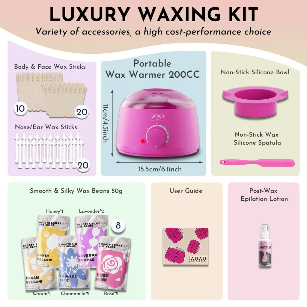 Waxing kit with 63 pieces including warmer, wax beads, applicator sticks and silicone accessories for hair removal
