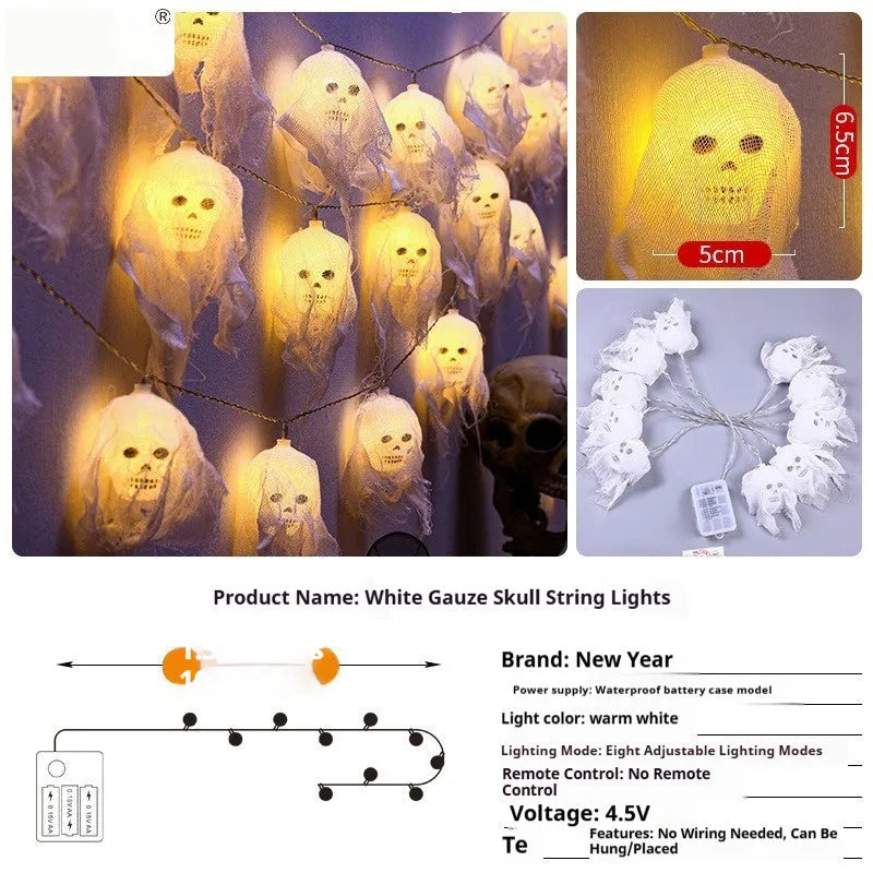 Battery-powered multicolour LED string lights arranged on an indoor wall for Halloween decoration.