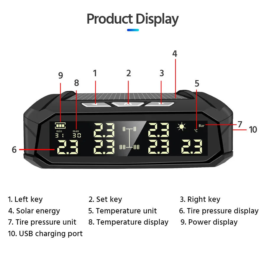 Solar-powered external tyre pressure monitor system for six truck tyres with colour digital display