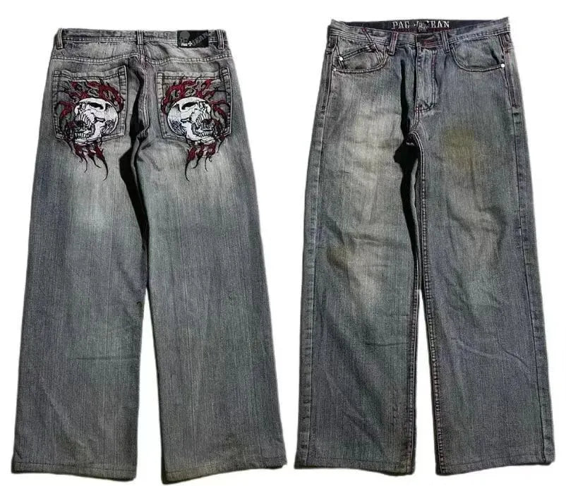 Grey washed-out wide-leg men's jeans with a straight cut and mid-waist design on a neutral background.