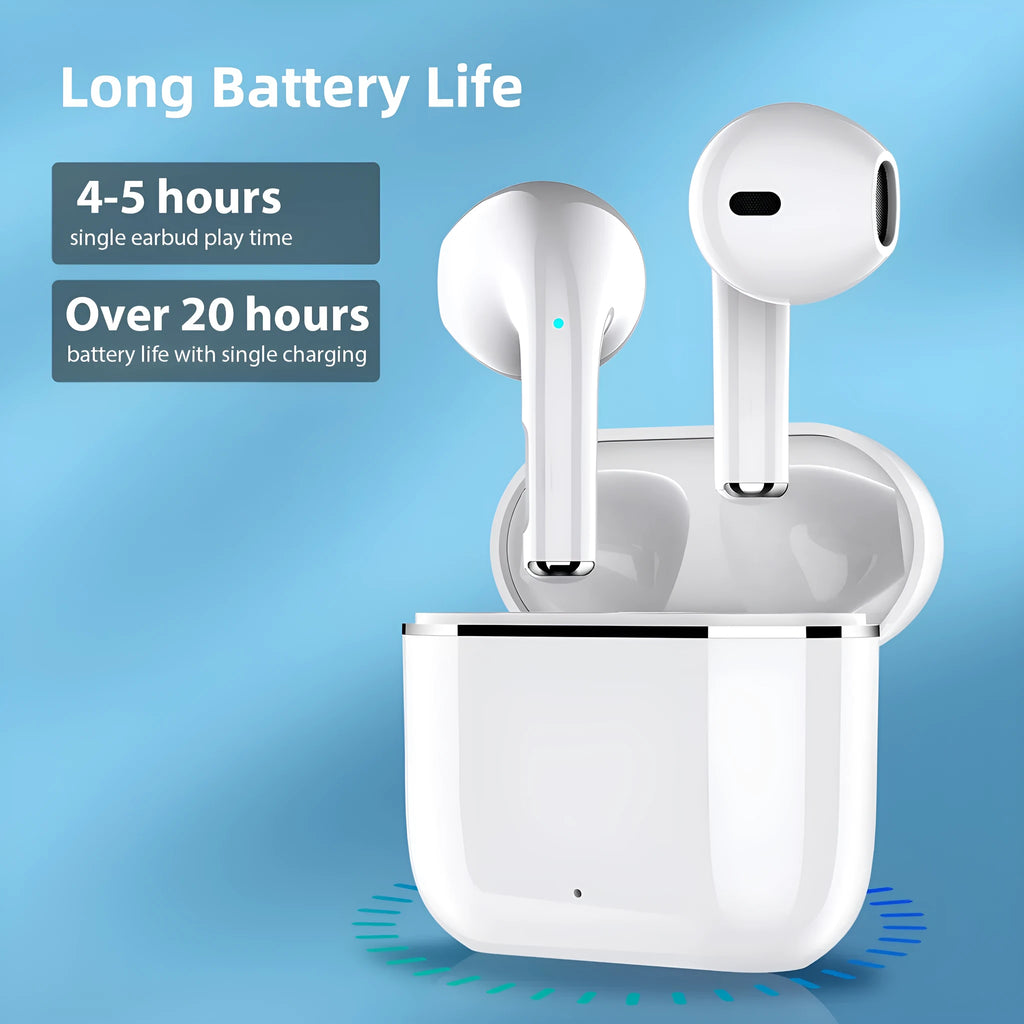 Wireless half in-ear Bluetooth headset in white or black with 30mAh earbuds and 200mA charging case