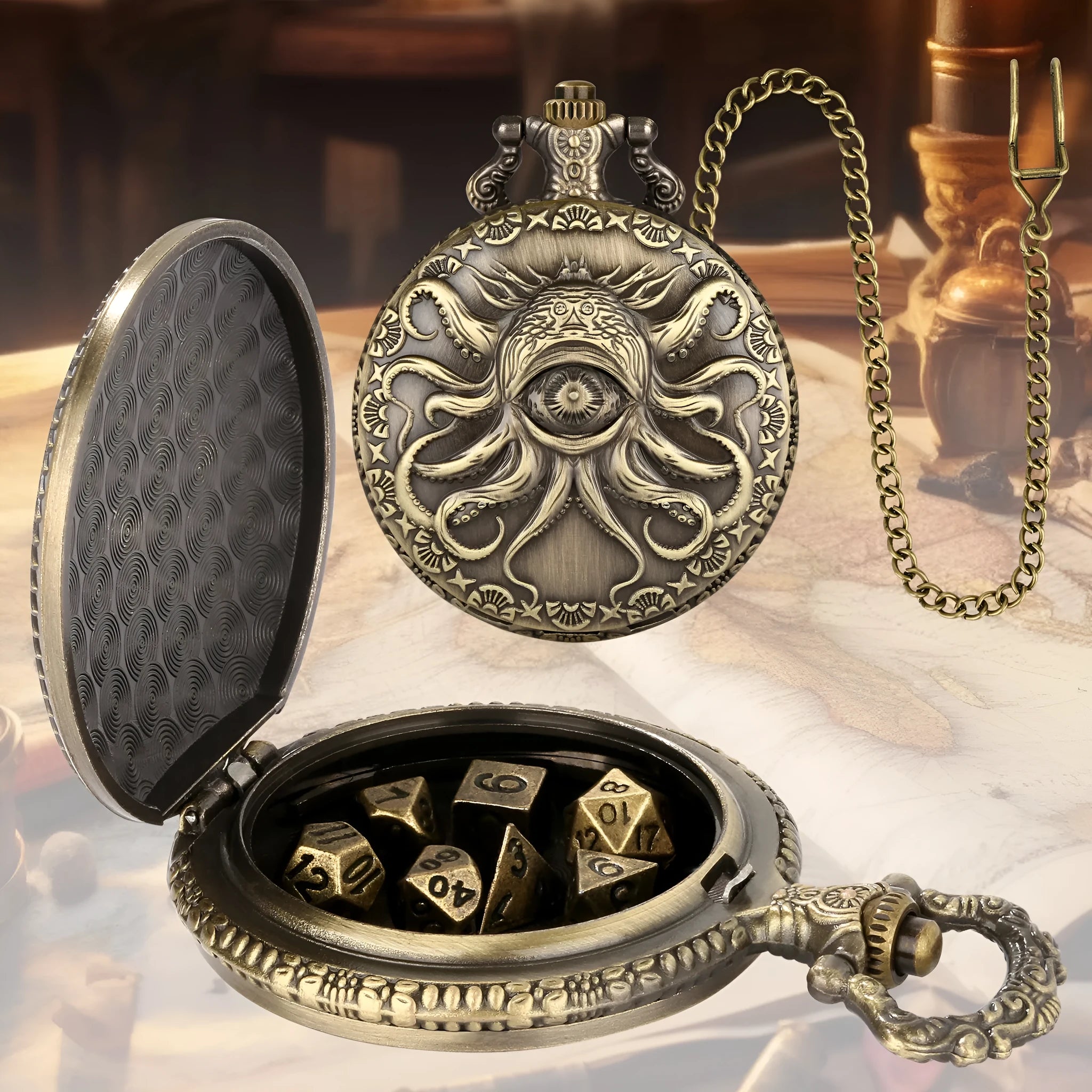 Steampunk cyclops octopus dice set in bronze finish inside metal storage box