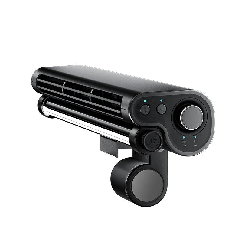 Black bladeless computer fan with screen clamp and integrated lighting lamp, showing USB connection