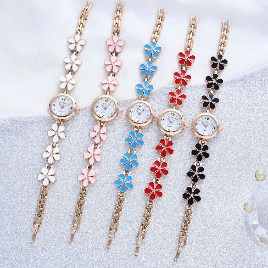Ladies petal patterned quartz watch with alloy case and matching bracelet in white colour option