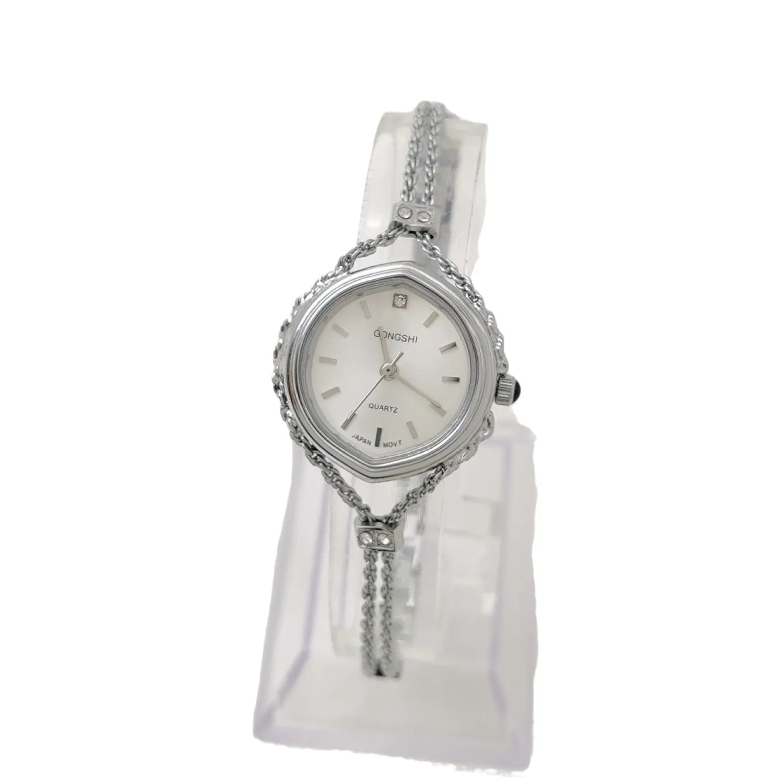 Gold or silver Mori-style women's quartz watch with a 25mm dial and metal chain strap.