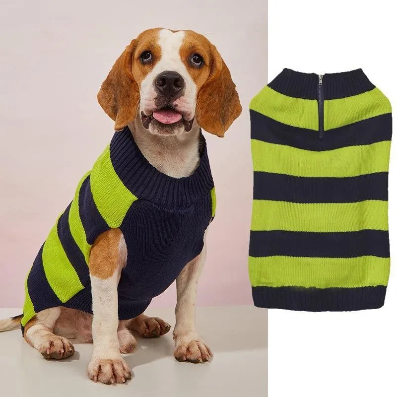Blue acrylic dog jumper with a front zipper and button pocket for a small dog.