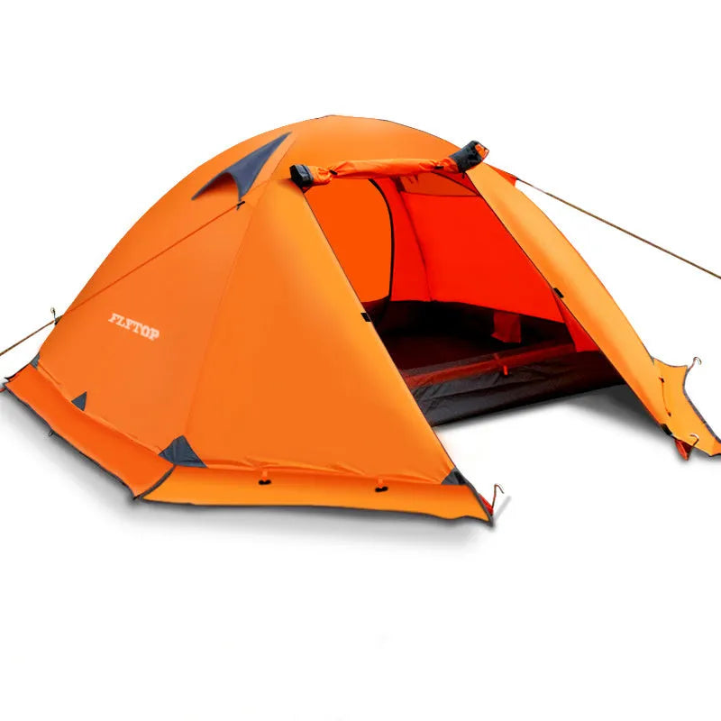Blue double camping tent with aluminium poles set up outdoors for anti-storm protection