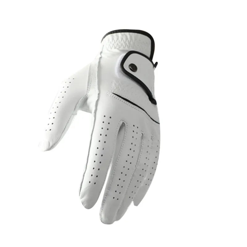 Men's white half sheepskin golf gloves showing palm grip texture