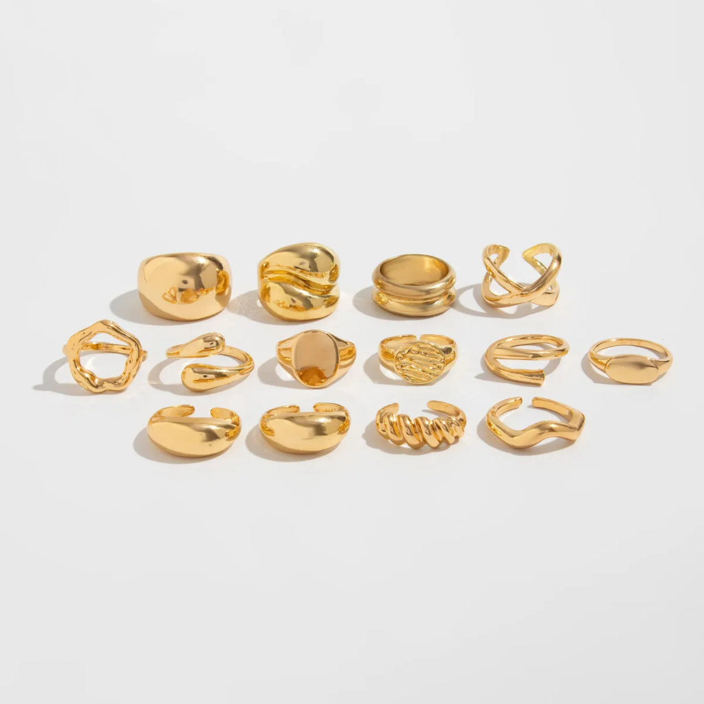 Set of 14 gold and white K geometric irregular alloy rings with open mouth adjustable design