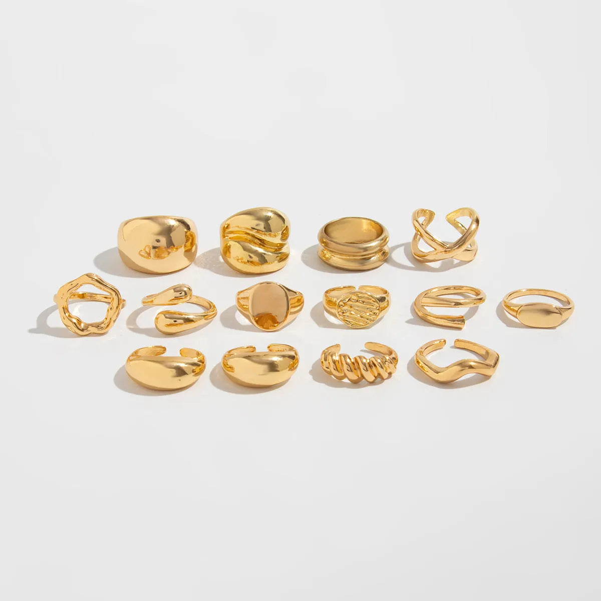 Set of 14 gold and white K geometric irregular alloy rings with open mouth adjustable design