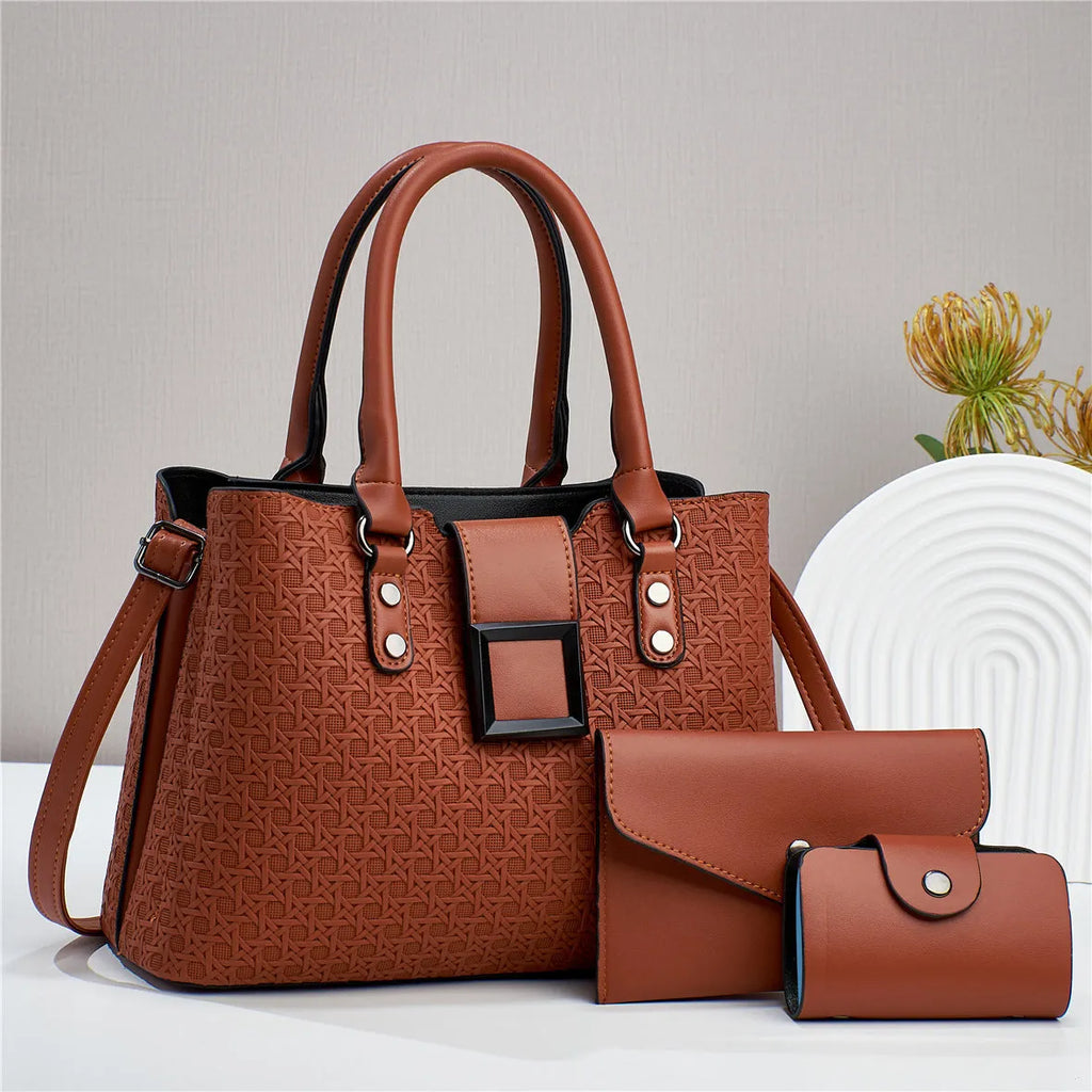 Three-piece women's crossbody bag set in textured PU leather with square vertical shape