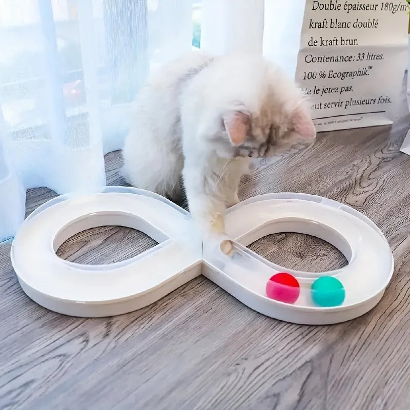 Interactive cat turntable toy with track balls and teasing stick on 50cm base