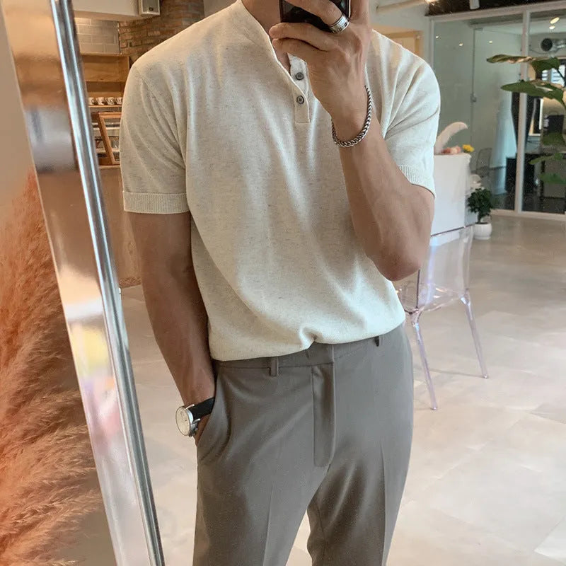 Men's slim-fit ice silk knitted shirt in black, khaki, or white colours