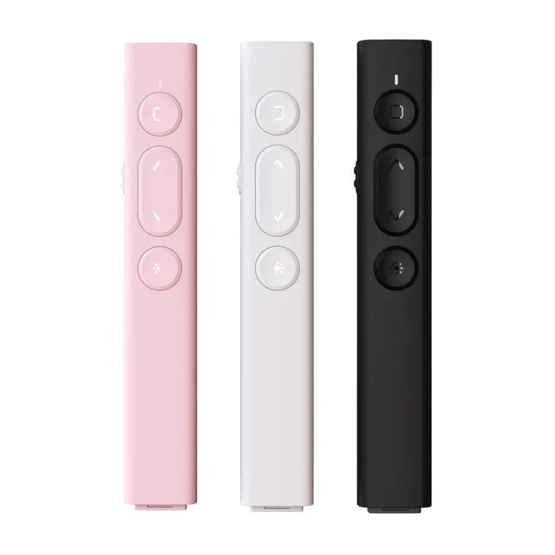 A black wireless presentation remote control pen for advancing PowerPoint slides.