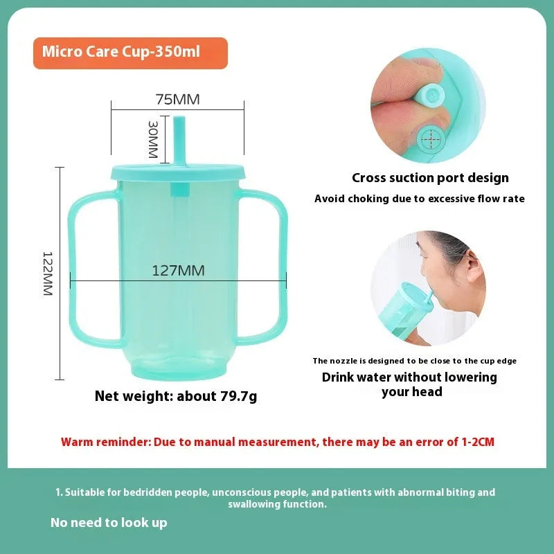 Bedside drinking cup with slanted mouth, handle, and optional wrist splint for adult care