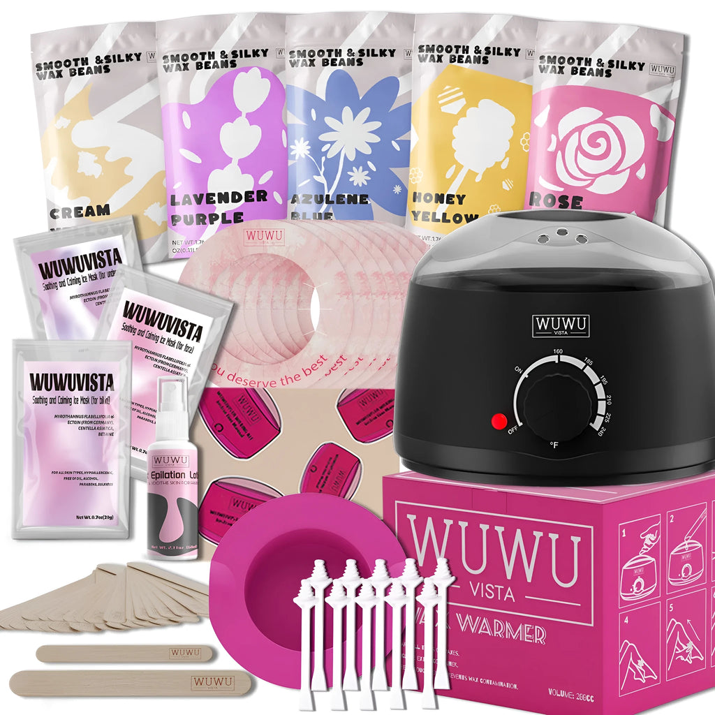 Black or pink 52-piece professional waxing kit with wax warmer, beans, lotion, masks, and tools
