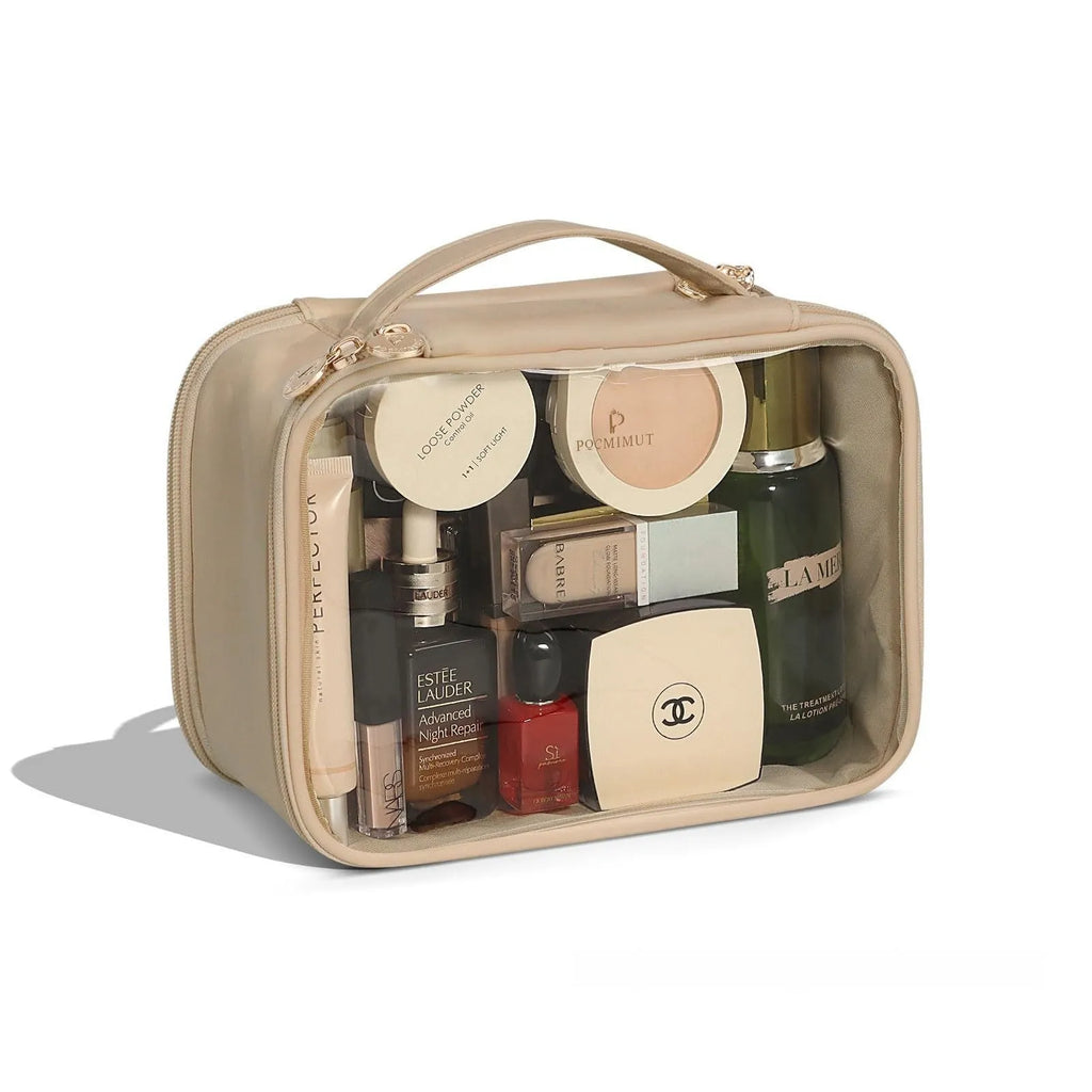 PVC leather transparent cosmetic bag in multiple colours showing waterproof construction and organisation compartments