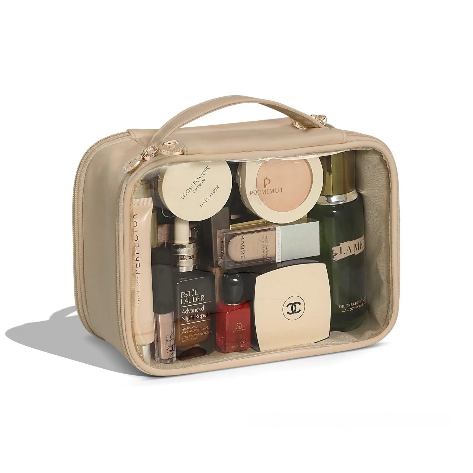 PVC leather transparent cosmetic bag in multiple colours showing waterproof construction and organisation compartments