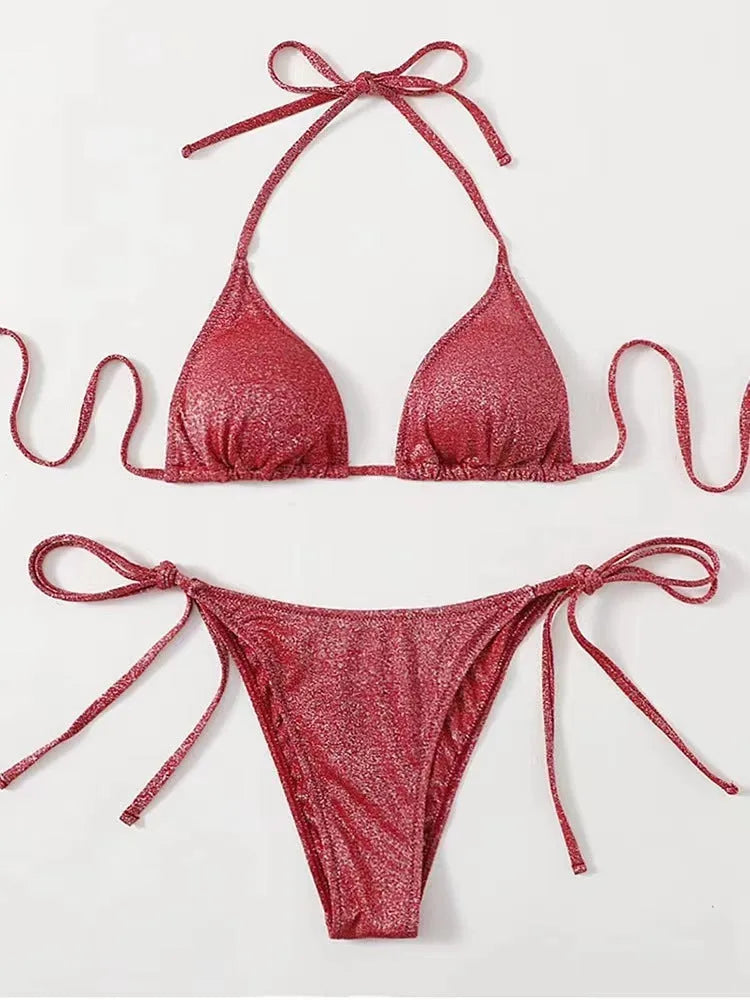 Women's split bandage style bikini swimsuit in polyester, shown in multiple colour options.