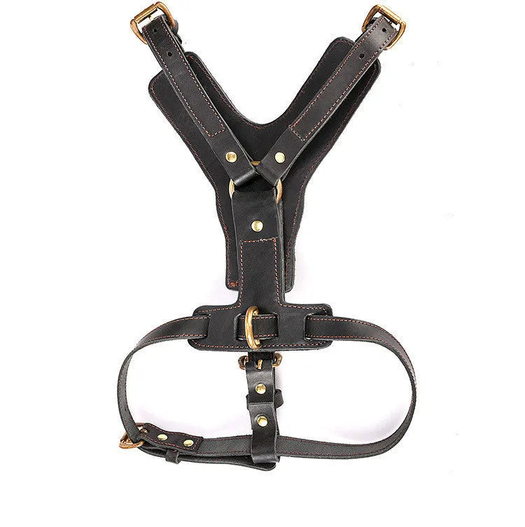 Cowhide leather dog chest harness set in black with automatic traction rope for small and large breeds