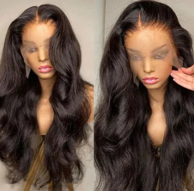 Front lace synthetic wig with long curly hair and gradient colour hairline in black to piano colour