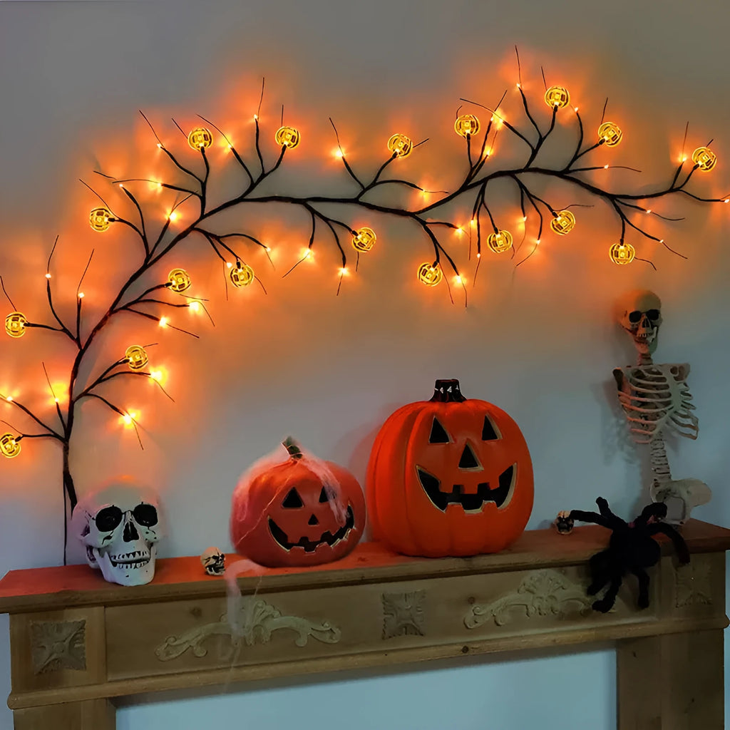 Halloween LED willow vine string light with 100 cartoon bat and pumpkin rattan lanterns on a 2-metre vine for indoor outdoor decor