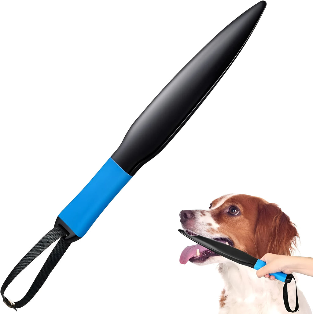 Blue handled nylon dog break stick measuring 35cm on a grass background.
