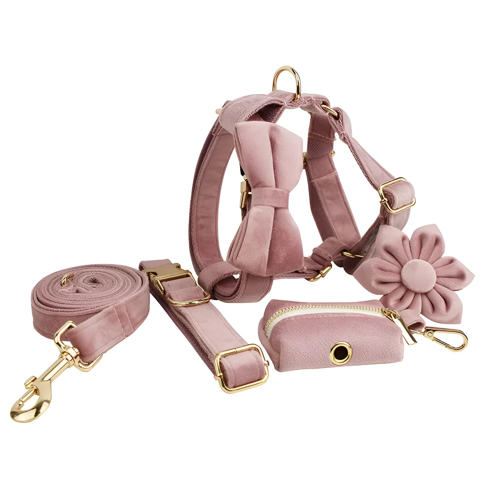 Light purple pink velvet dog collar and pet accessory set with bowknot and leash components