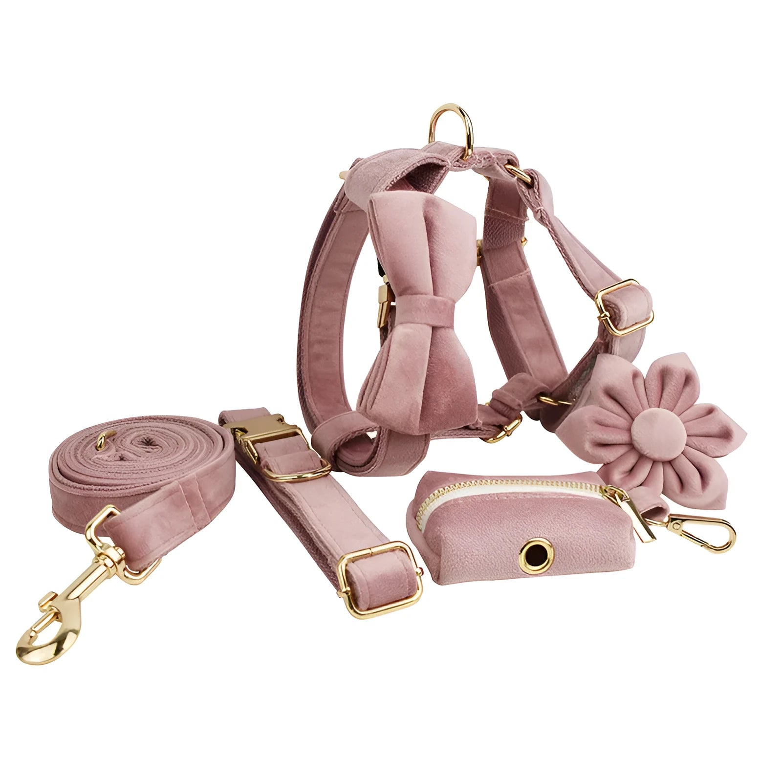 Light purple pink velvet dog collar and pet accessory set with bowknot and leash components