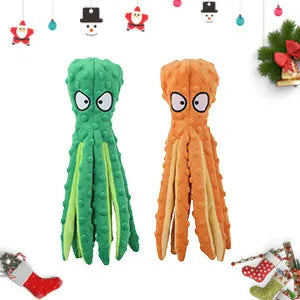 Blue octopus-shaped plush dog toy with crinkle paper and squeaker, no stuffing, for small medium large dogs.