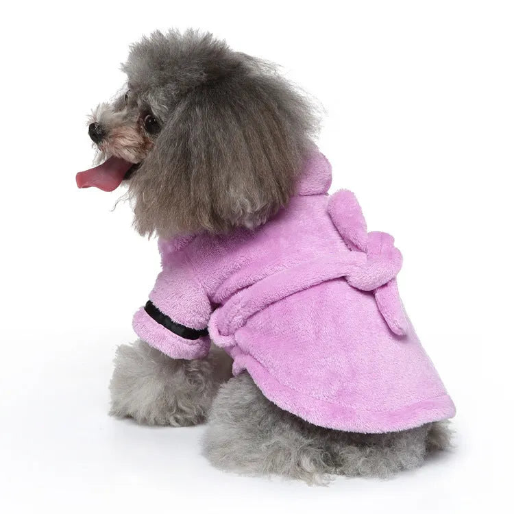 White hooded polyester pet bathrobe for dogs and cats, available in sizes S to XL
