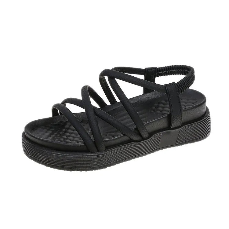 Women's Roman style platform sandals in black with round toe and TPR sole