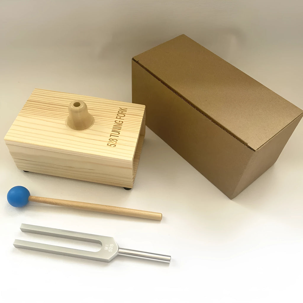 Aluminium tuning fork and speaker kit for 432Hz and 528Hz sound therapy frequencies.