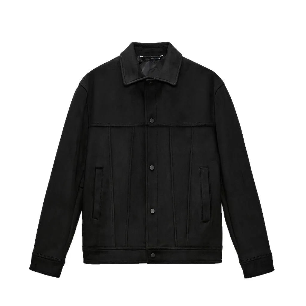 Black men's hooded jacket with suede collar and side pockets