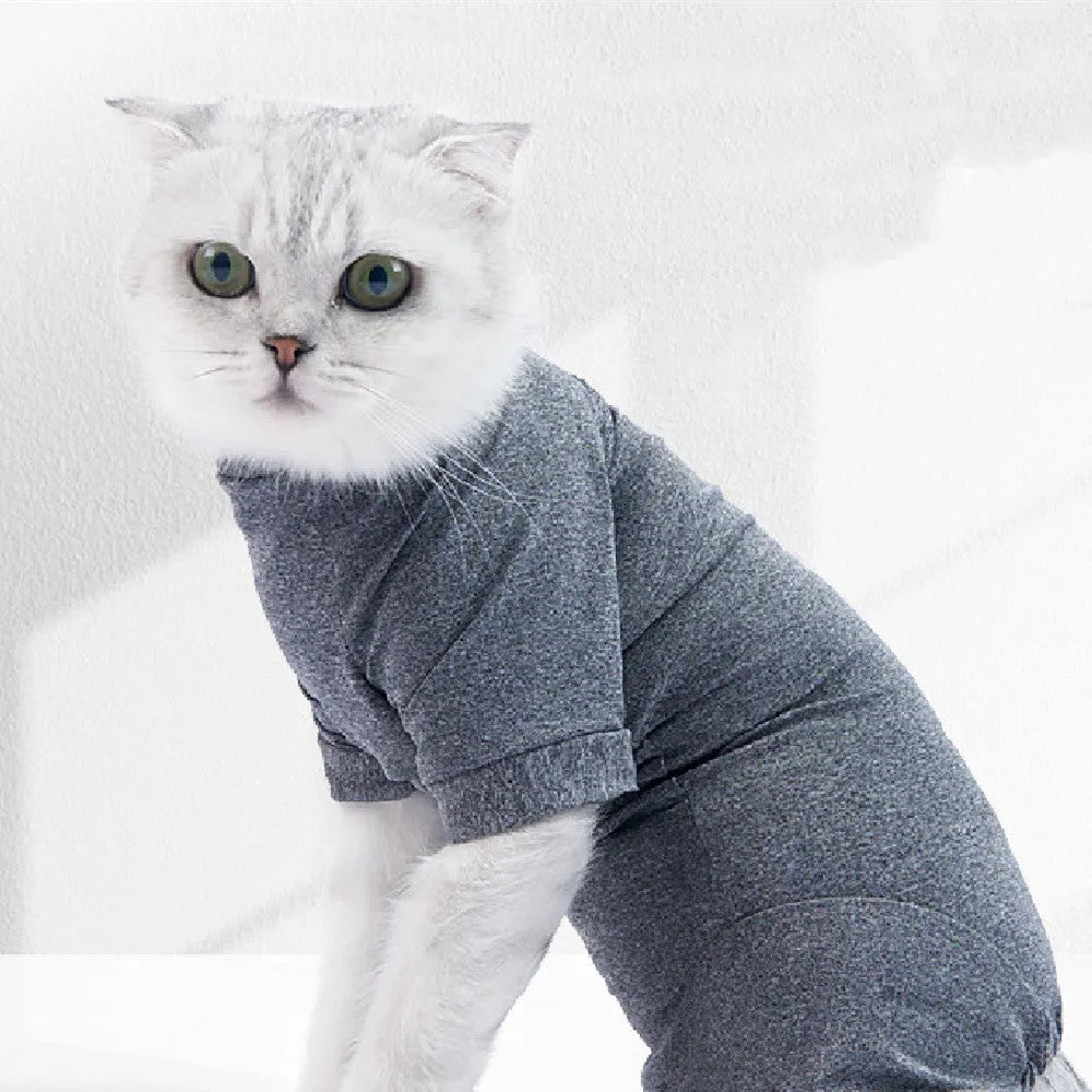 Cat neutering suit in blending gray polyester fabric for post-surgery recovery, with size options from XS to L