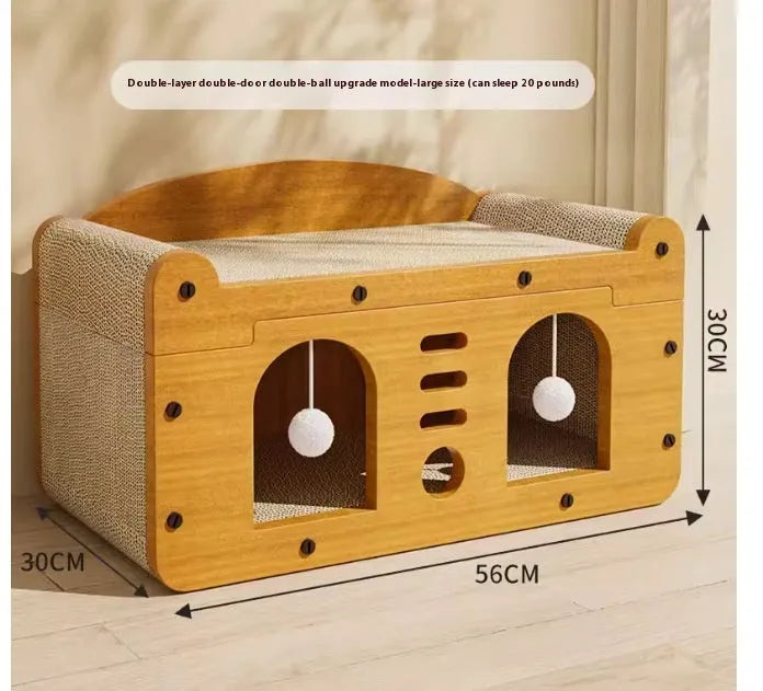 Double-layer corrugated paper cat house with two arched doorways in Double Ball Double Door colour