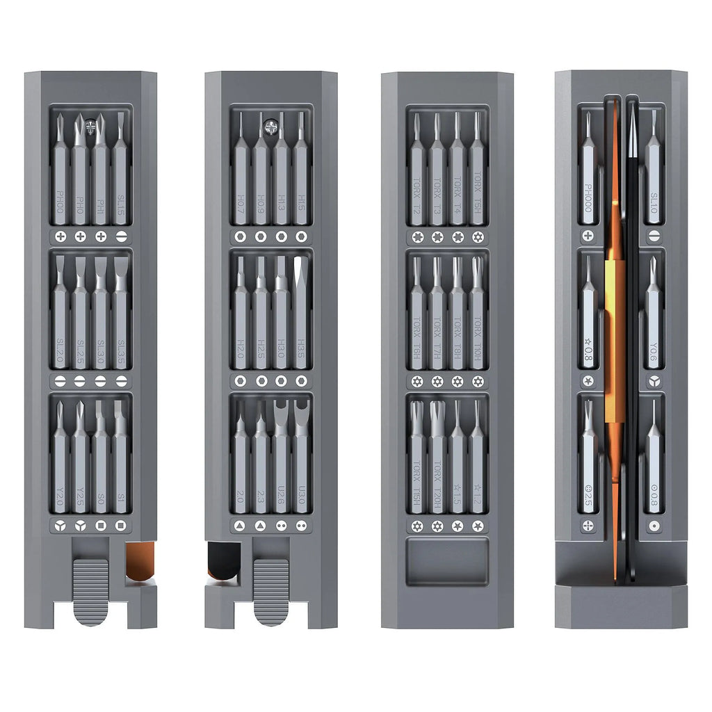 44-in-1 multi-function screwdriver set with S2 alloy steel blades and 44 bits in a compact holder.