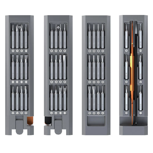 44-in-1 multi-function screwdriver set with S2 alloy steel blades and 44 bits in a compact holder.