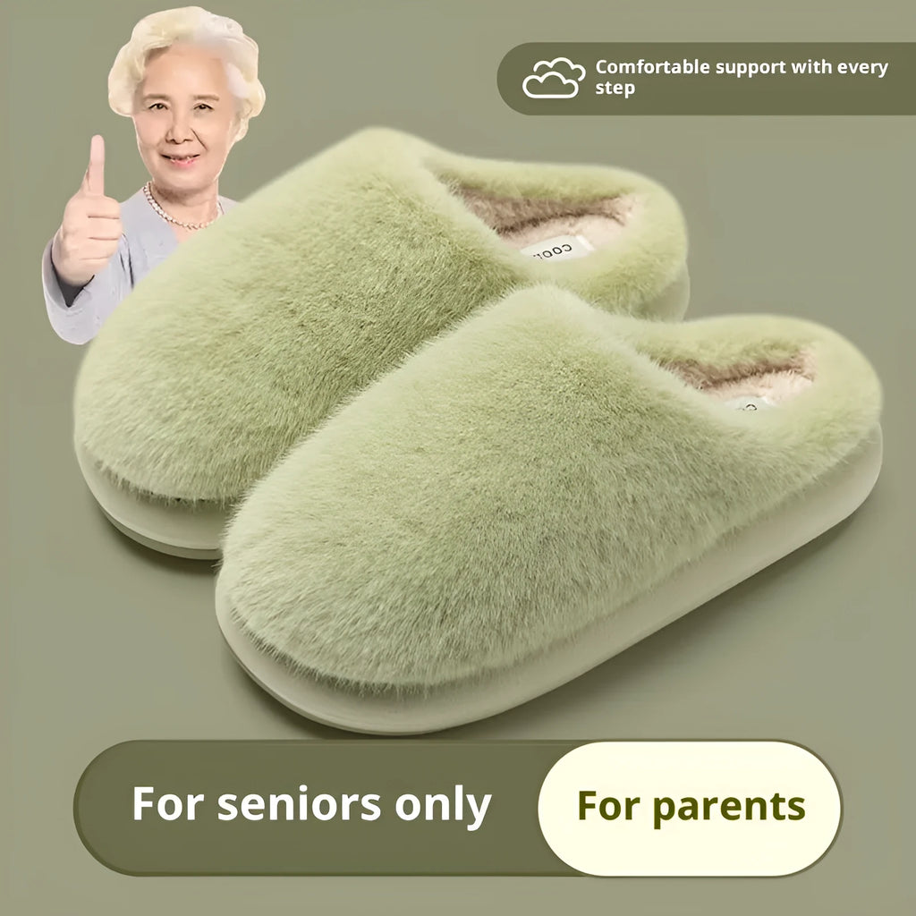Non-slip winter cotton-padded slippers with plush upper, flat heel, round toe, beige colour