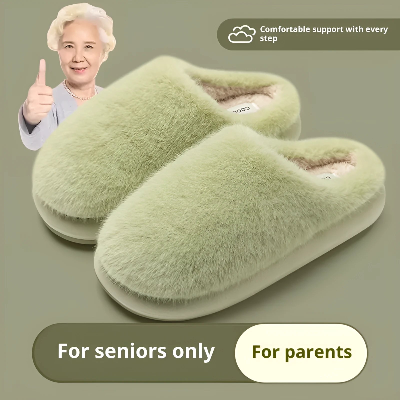 Non-slip winter cotton-padded slippers with plush upper, flat heel, round toe, beige colour