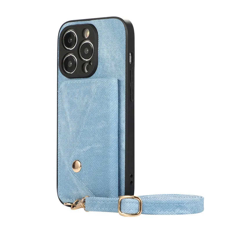 Denim-style faux leather phone case with lanyard and card clamp for iPhone in dark blue