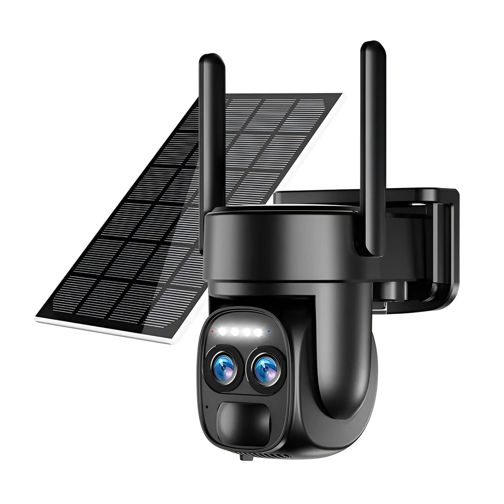 Solar-powered outdoor surveillance camera with 8x zoom lens for household security monitoring