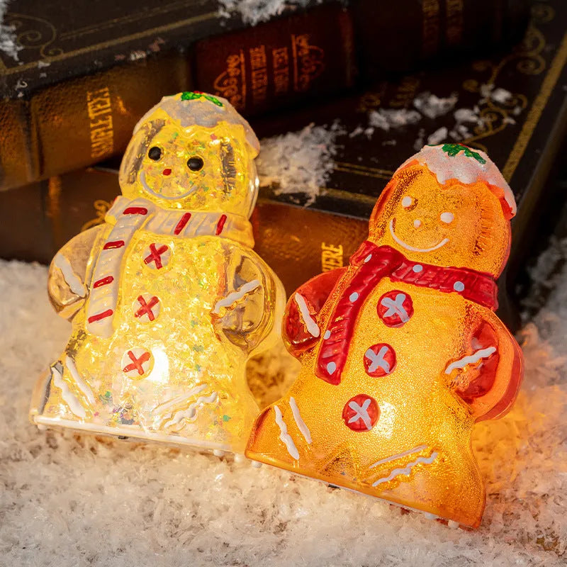 Glowing gingerbread man Christmas ornament with red scarf, plastic decoration measuring 6.5x4x10.5cm