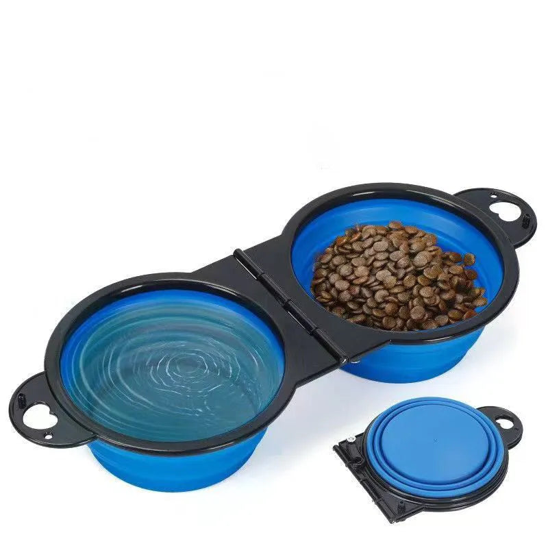 Blue silicone folding double pet bowl shown open for use and collapsed flat for storage.