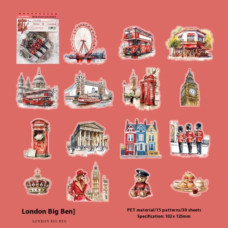 Holiday Journey architecture journal stickers showing six retro landmark designs including Paris Arc de Triomphe and London Big Ben